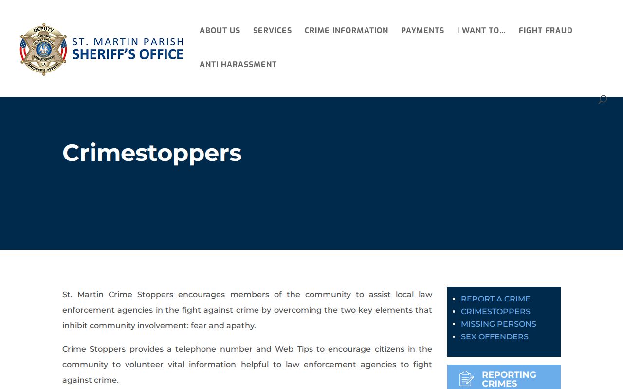St. Martin Parish Crime Stoppers program information page, the official tip and reward route