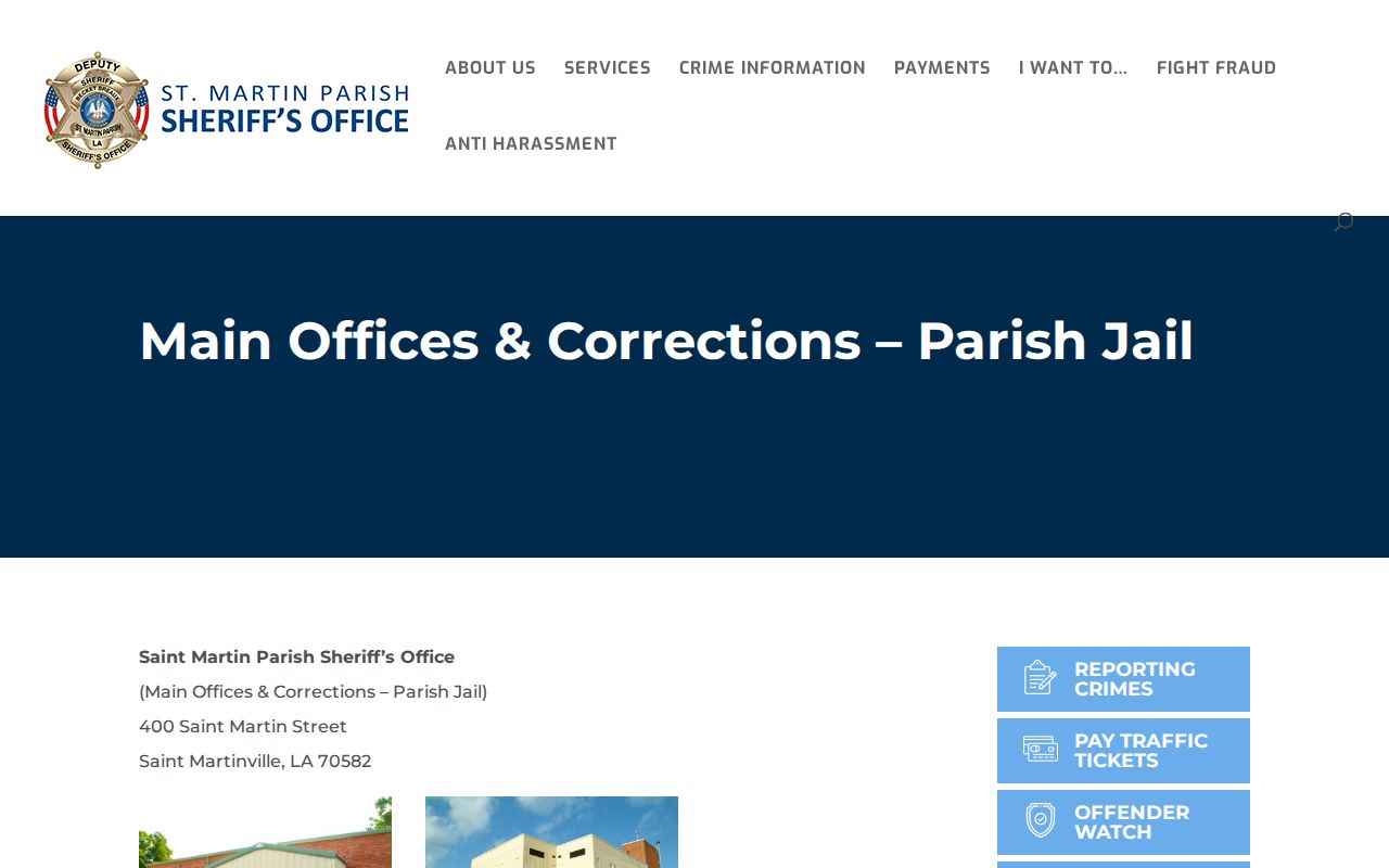 St. Martin Parish Sheriff's Office main building in St. Martinville, where warrant records and jail custody questions are handled