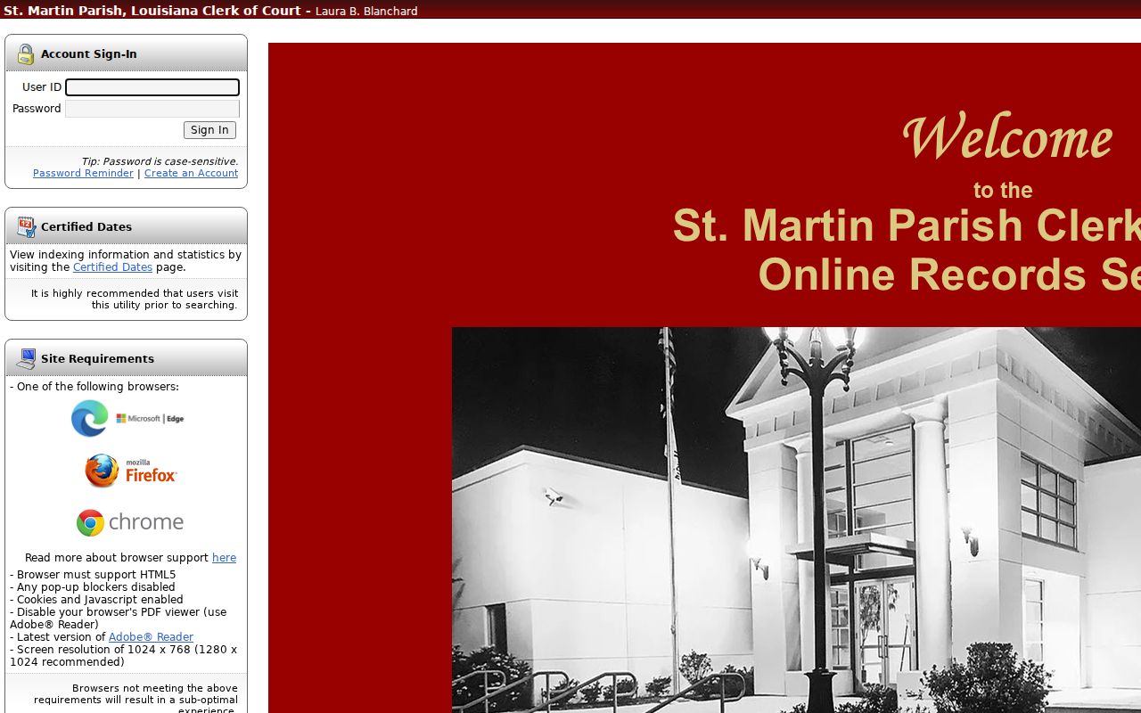 Blank sign-in form for the St. Martin Parish Clerk of Court online records portal used for warrant record searches