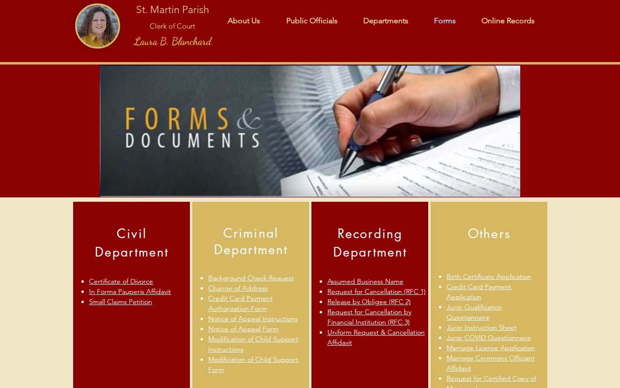 St. Martin Parish Clerk of Court criminal records forms list, which does not include a bench warrant recall form
