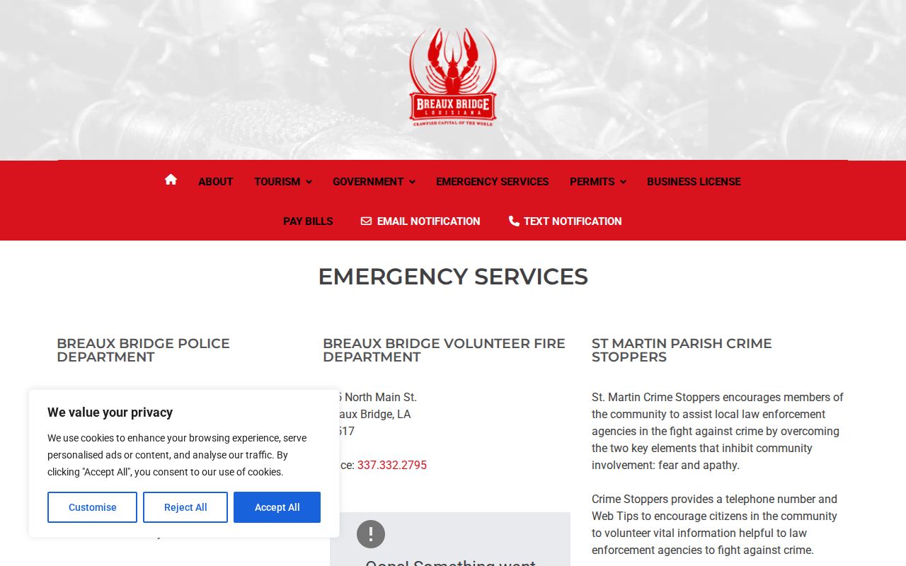 Breaux Bridge emergency services page listing police, City Court, and Crime Stoppers routes for city warrants