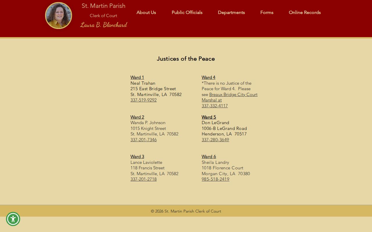 Ward by ward justice of the peace contact list for St. Martin Parish bench warrant and failure to appear questions