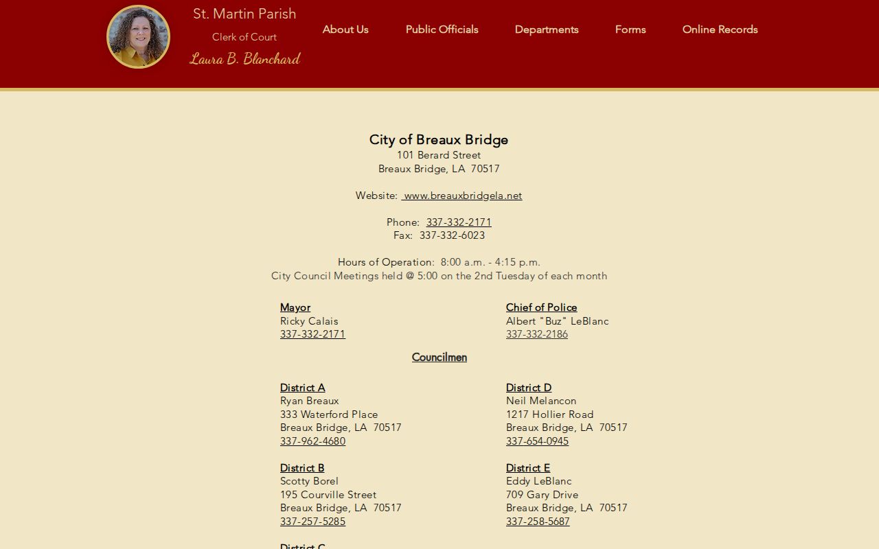 Breaux Bridge City Court contact block, a municipal warrant route in St. Martin Parish