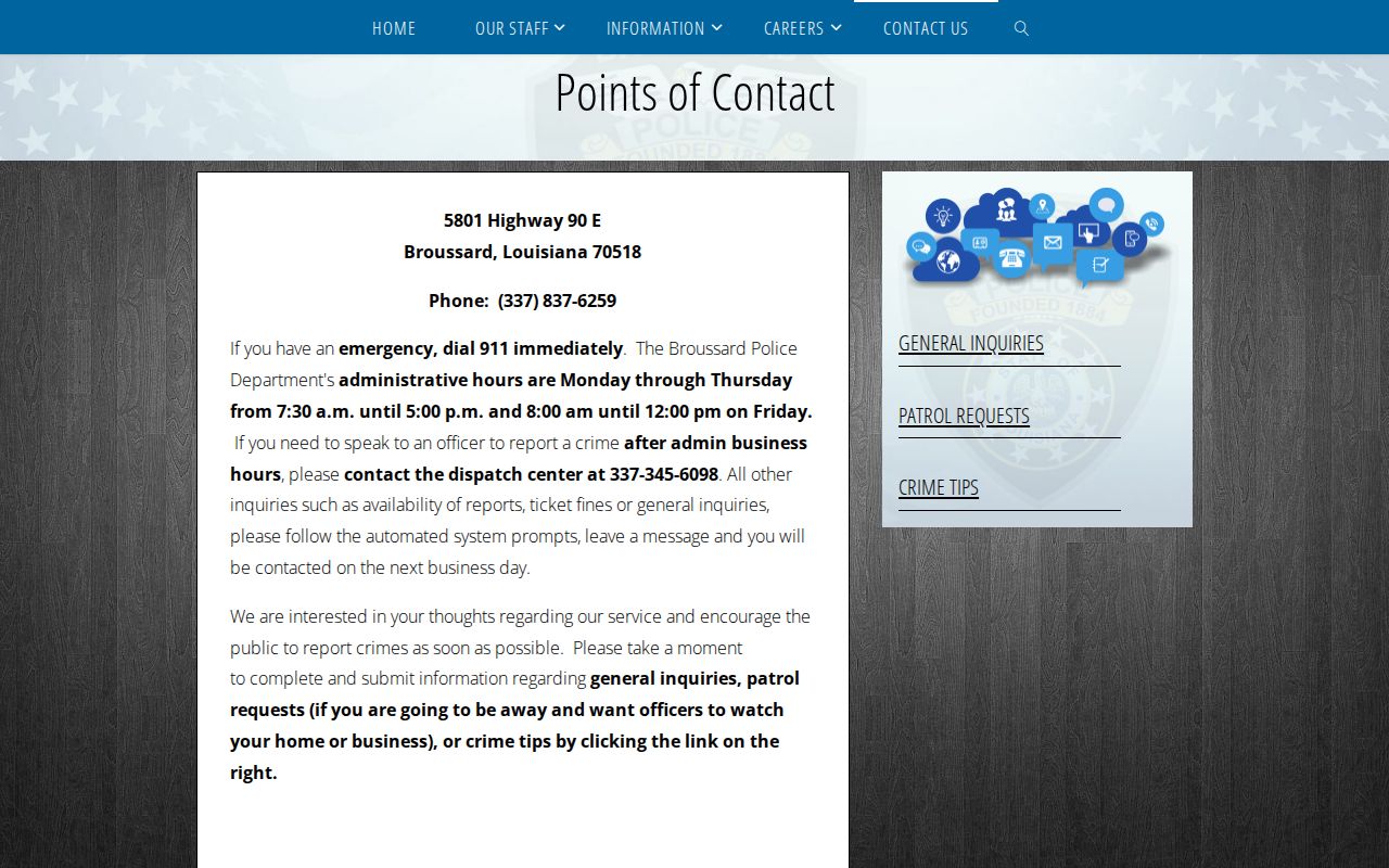 Broussard Police contact page, the first office to call about a Broussard warrant or citation