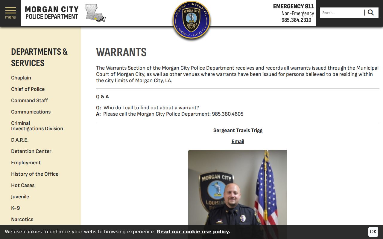Morgan City Police Warrants Section page, which handles Morgan City warrants outside St. Martin Parish court scope