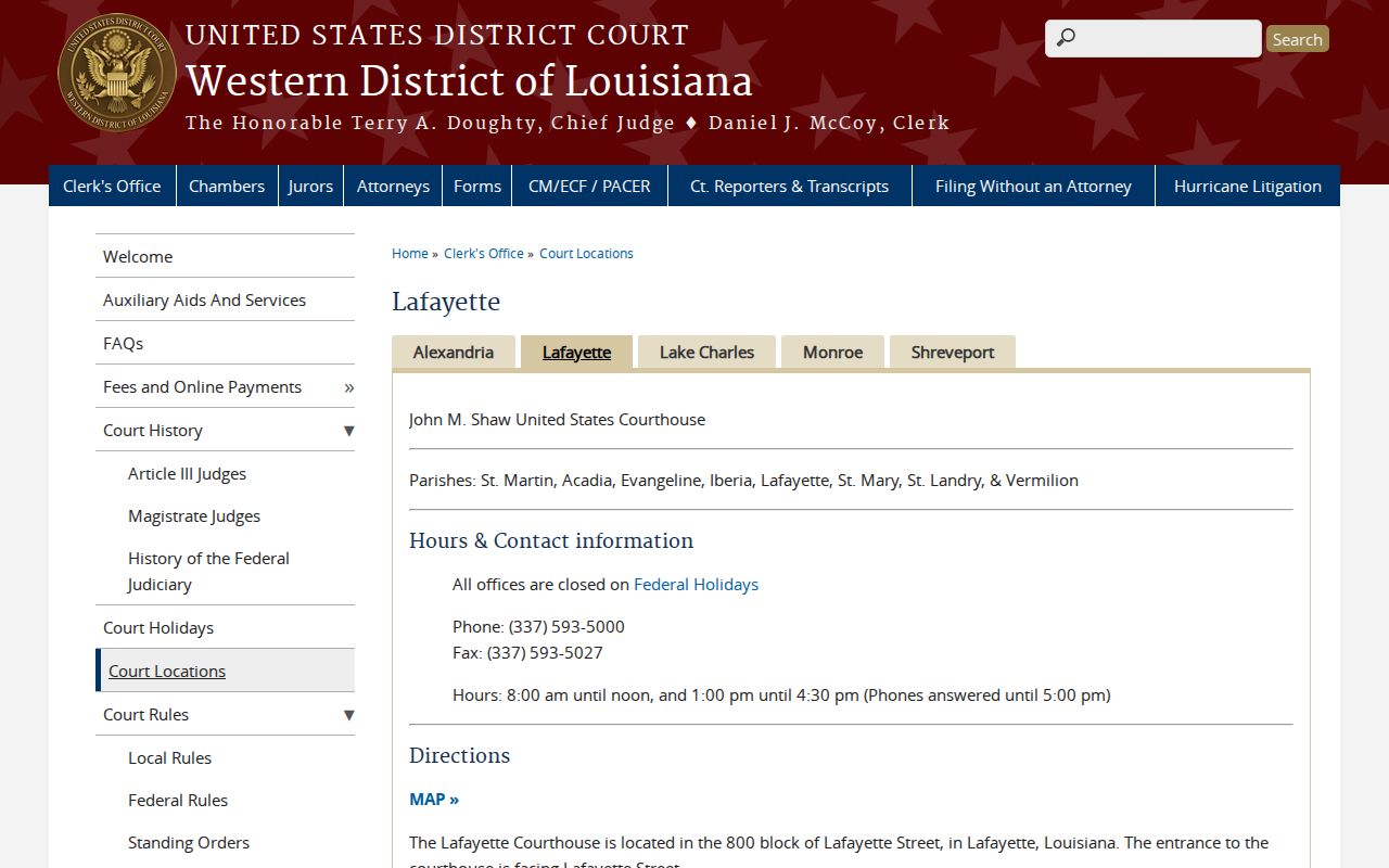 Federal courthouse contact block for the Lafayette division, which handles federal warrant matters separate from St. Martin Parish records