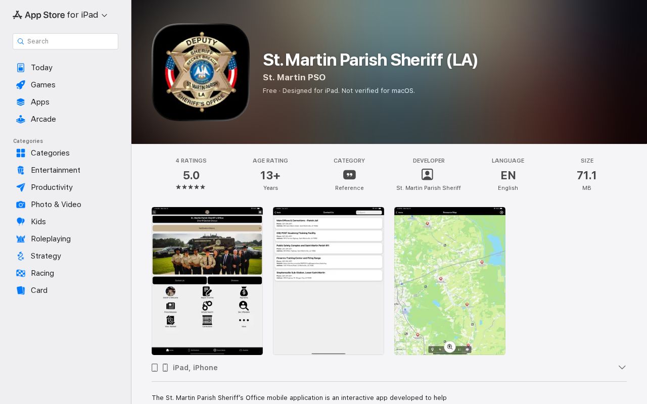 St. Martin Parish Sheriff app listing, a public safety tool rather than a warrant search