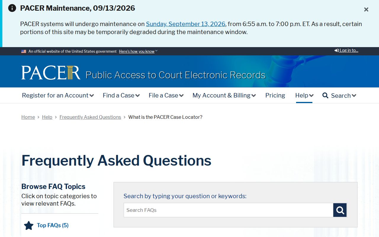 Federal case locator help page describing the account gate for federal warrant and docket searches outside St. Martin Parish