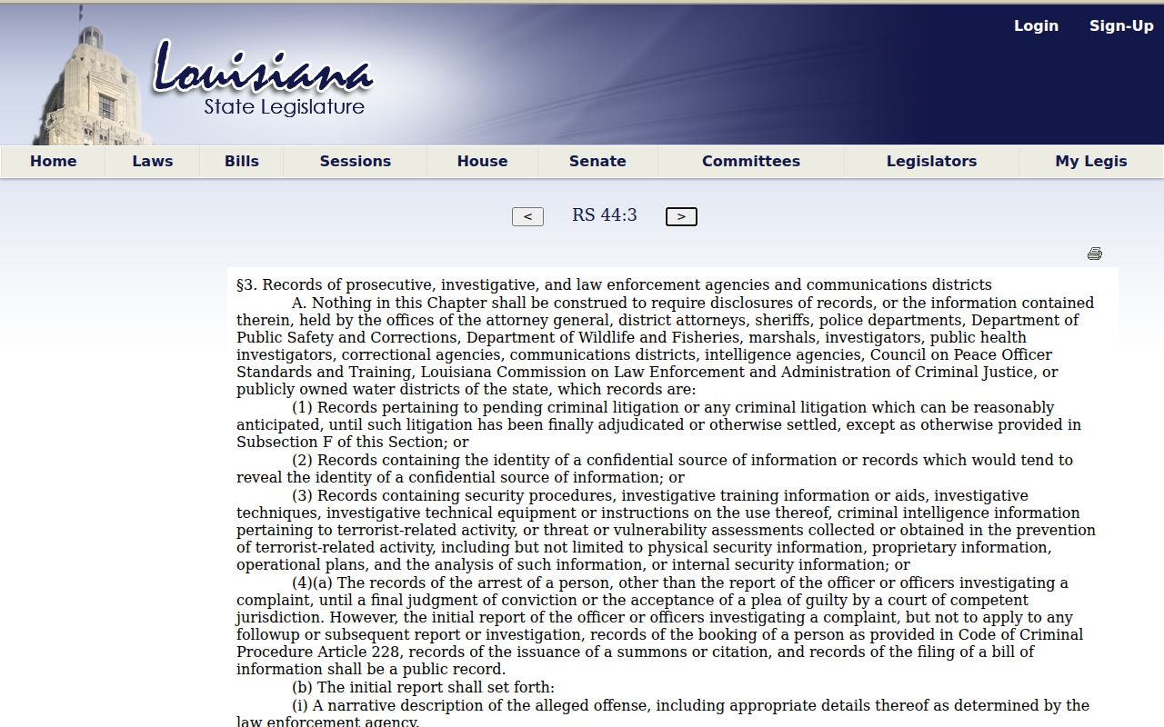Text of the Louisiana law-enforcement records exception, La. R.S. 44:3, which limits St. Martin Parish warrant record access