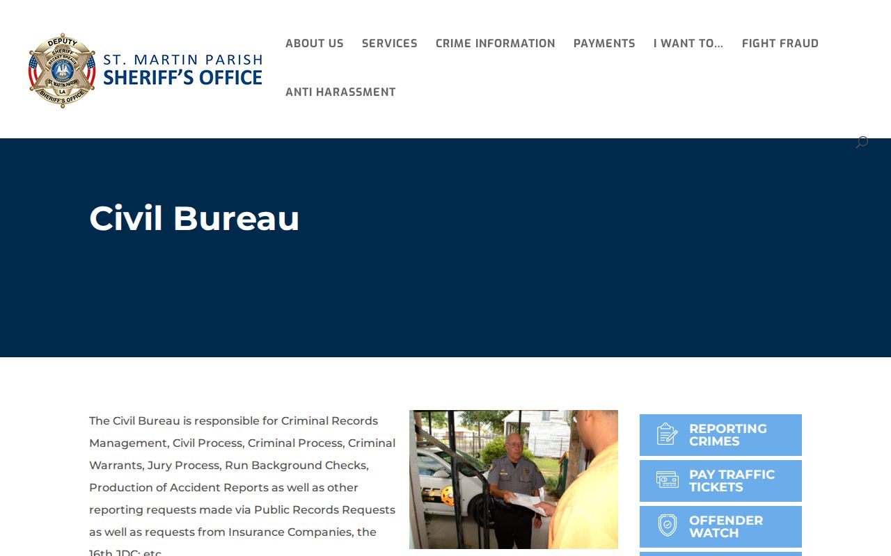 St. Martin Parish Sheriff Civil Bureau service list showing criminal warrant duties for parish arrest warrants
