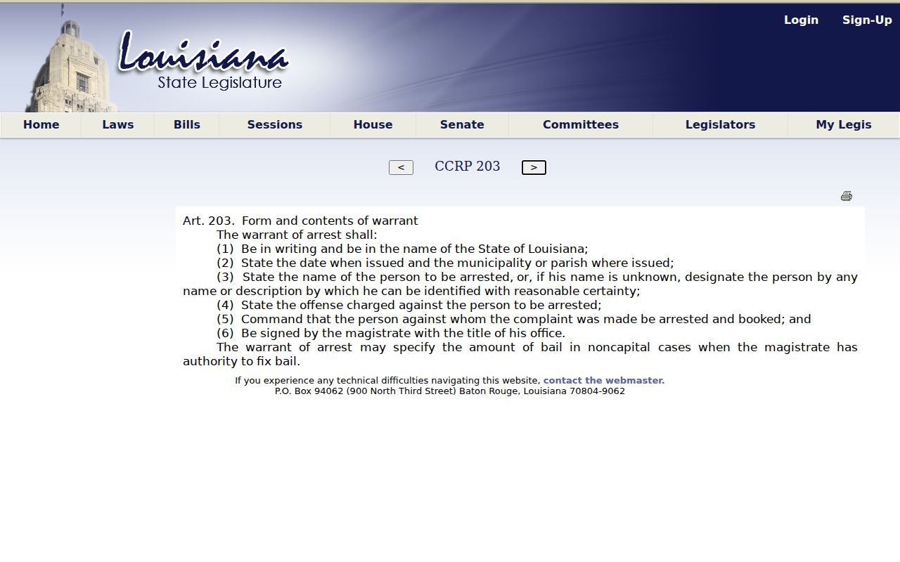 Text of Louisiana Code of Criminal Procedure article 203 listing what a St. Martin Parish arrest warrant must contain